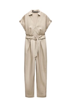 Linnen jumpsuit met ceintuur beige