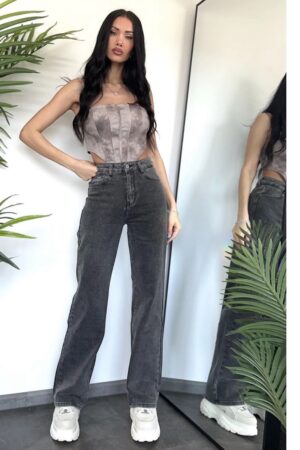 Grijze Wide Leg Jeans High Waist met wijde pijpen en extra lange beenlengte