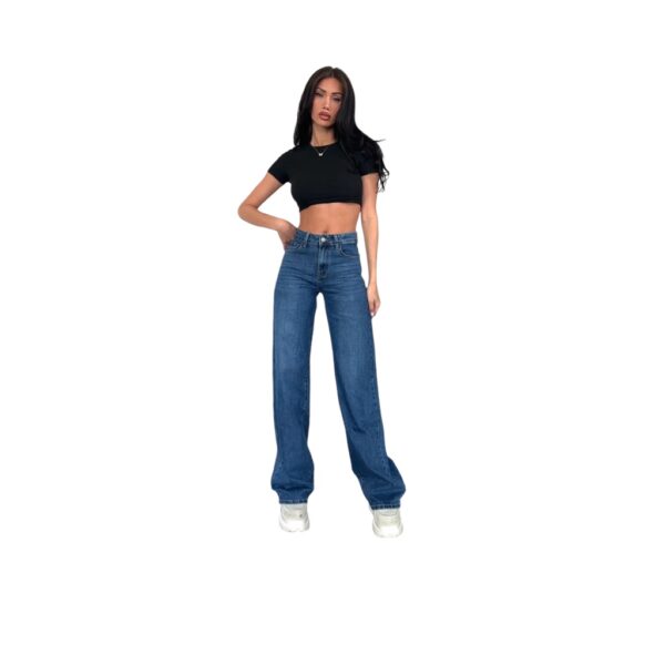 Donkerblauwe high waisted jeans met wijde pijpen en 5 zakken